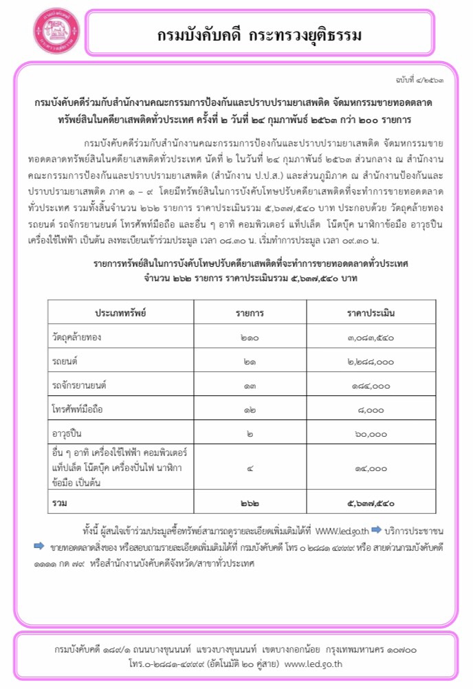 ﻿กรมบังคับคดี ร่วมกับ ปปส. จัดมหกรรมขายทอดตลาดทรัพย์สินในคดียาเสพติดทั่วประเทศ นัดที่ 2